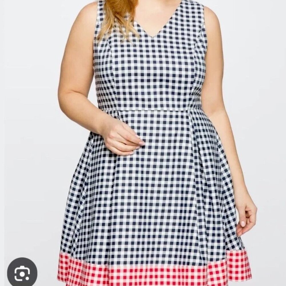 Eloquii Draper James Sz 18 Plaid Gingham Navy Red Fit & Flare Sleeveless Dress